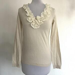 NWT Talbots Cream Ruffle V-Neck Sweater Small Ivory Knit Long Sleeve Shabby Chic